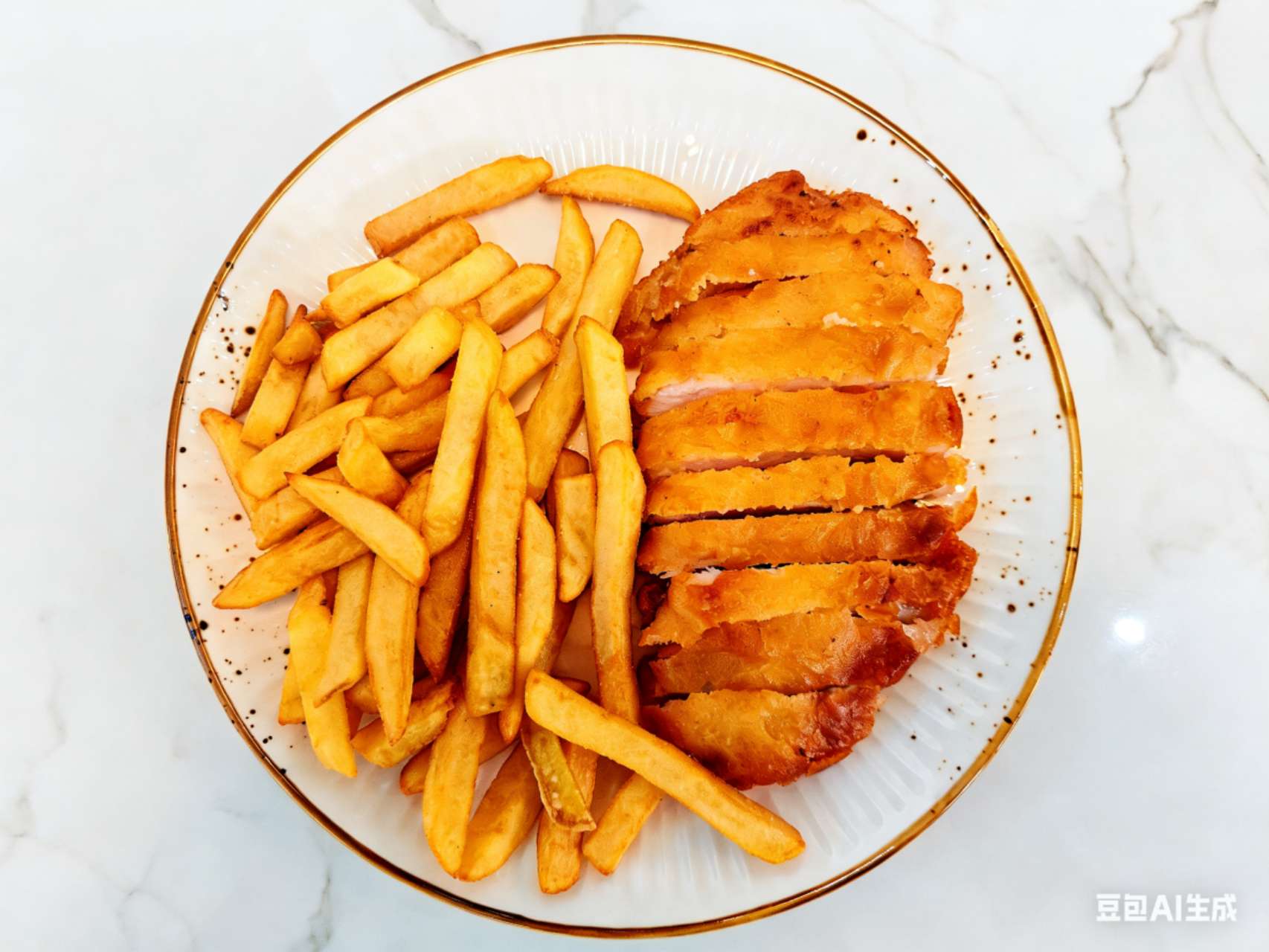 Pollo frito troceado con patatas fritas