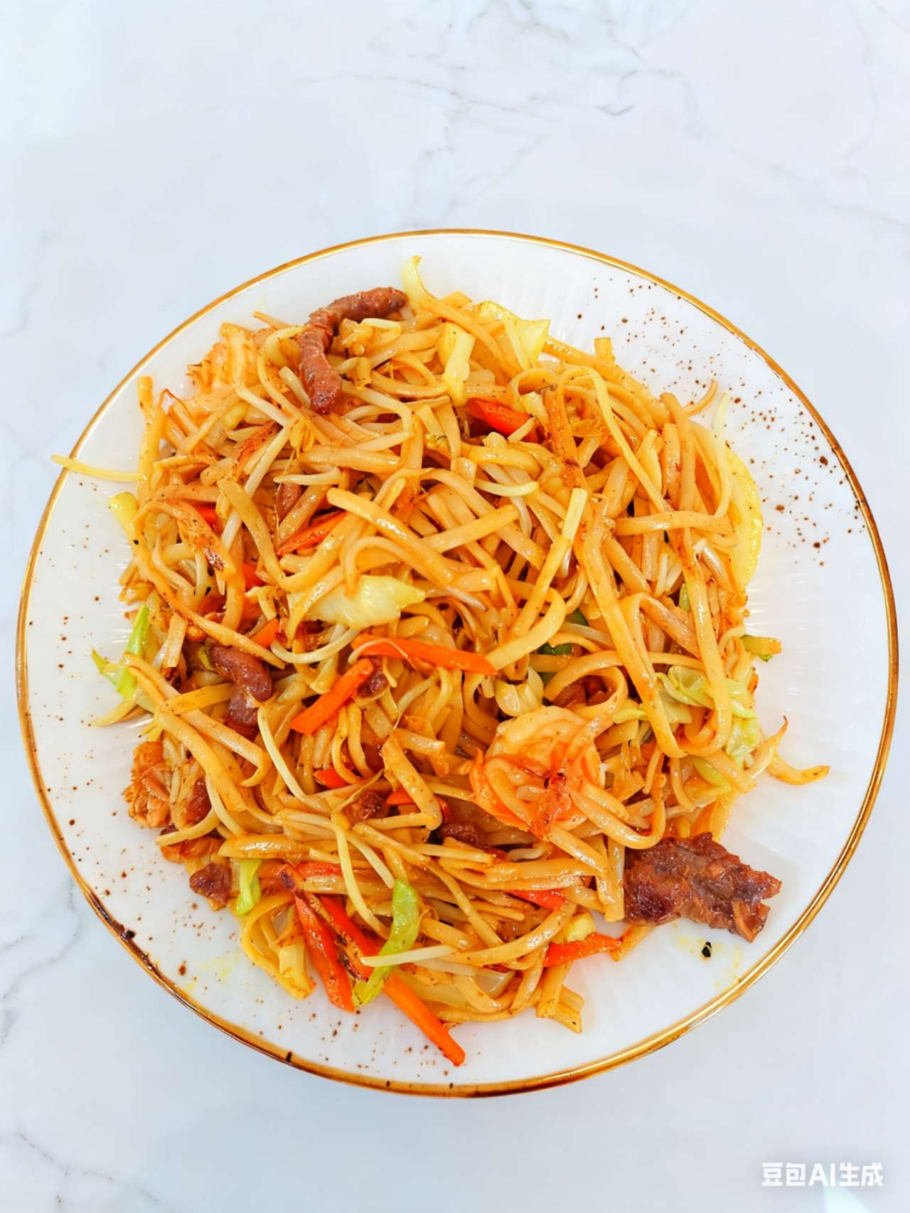 Tallarines fritos con tres delicias