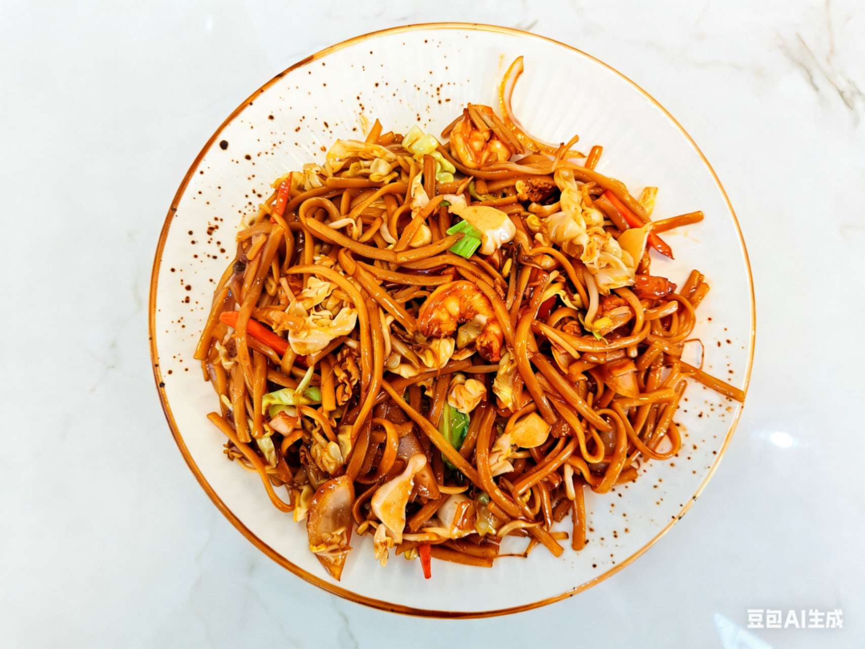 Tallarines fritos con gambas